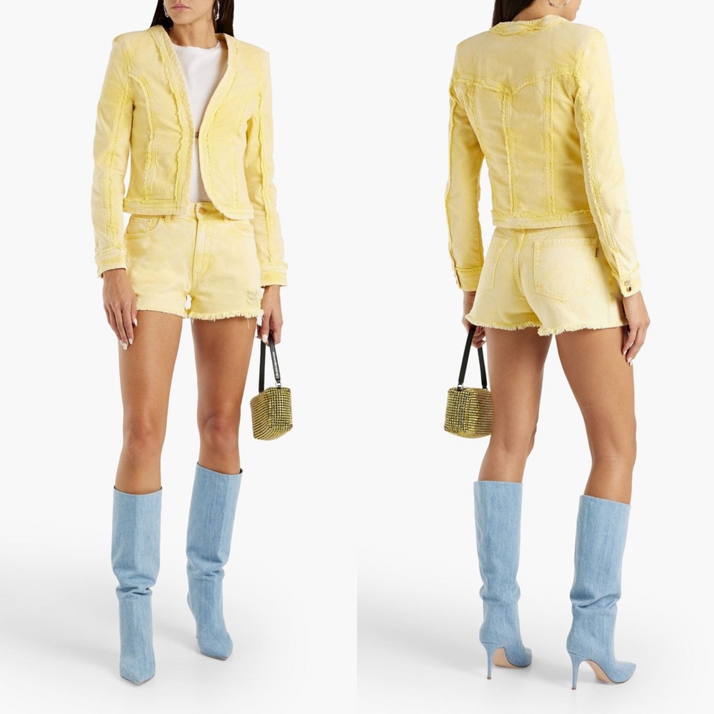 Retrofête Suzi Denim Shorts Lemonade Yellow Distressed High Rise Designer 25